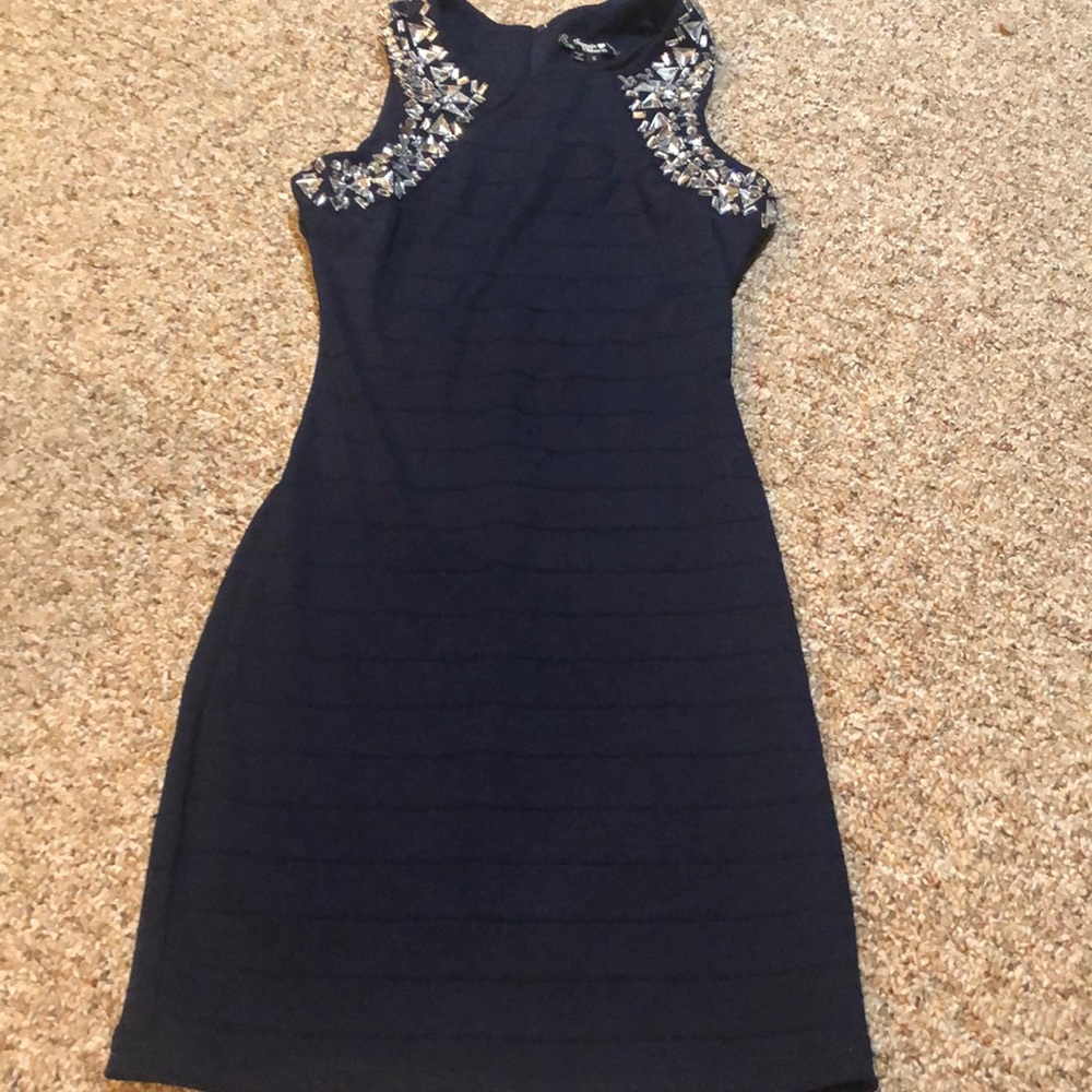 Dark navy party dress with rhinestones trim